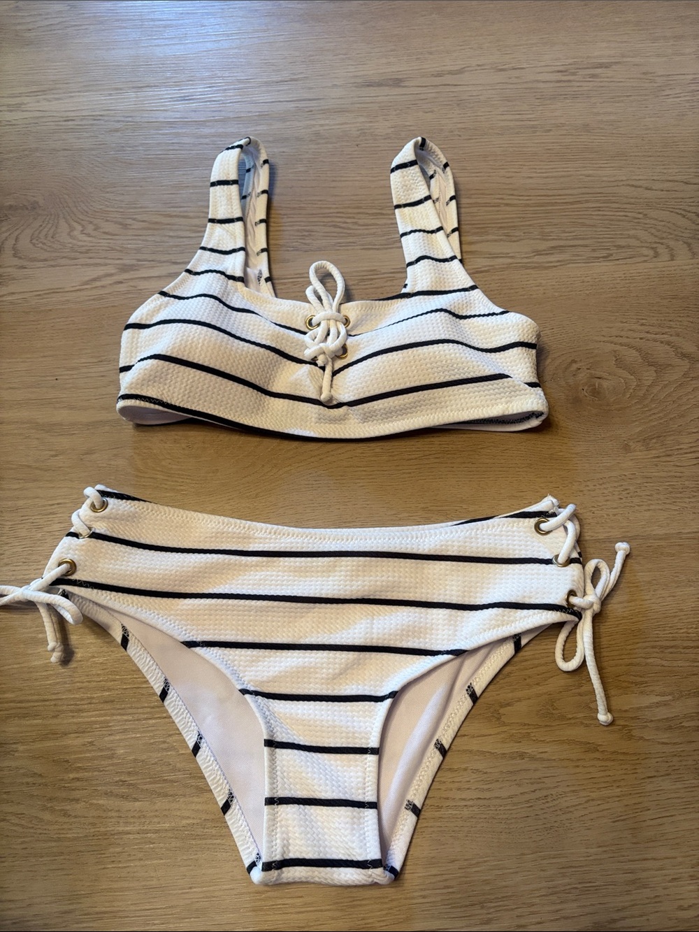 SHEIN White and Black Striped Lace-Up Bikini Set